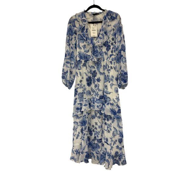 Zara Womens Midi Dress S Small White Blue Printed Elastic Waist 3099/246 NWD - Picture 1 of 14